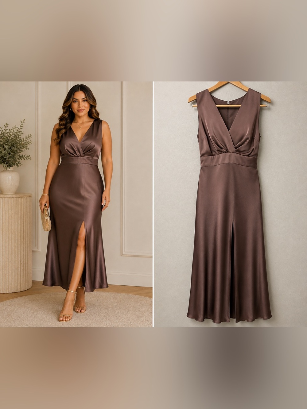 Birdy Gray Midi Dress Brown Satin Size L Bridesmaid Mother Of Groom Fall Wedding